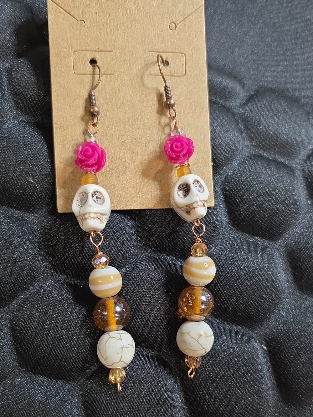 Handmade Pink Rose & Ivory Skull Drop Earrings